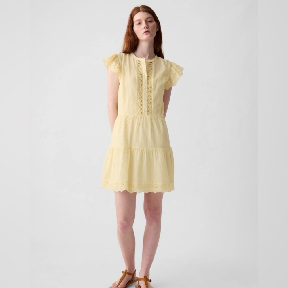 Gap Textured Crinkle Crochet Mini Dress Yellow
